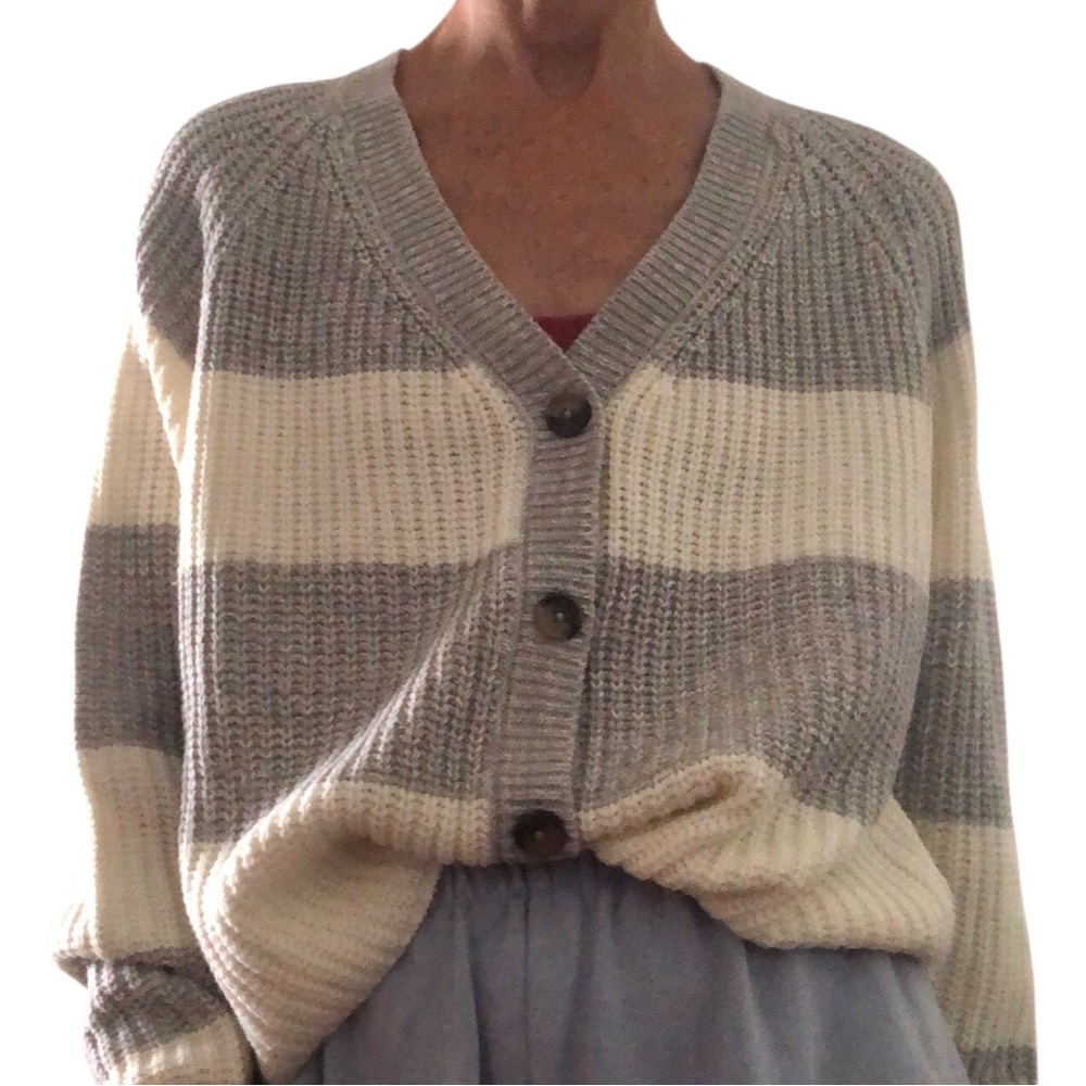 NWTS Chunky knit cardigan with grey and cream horizontal stripes